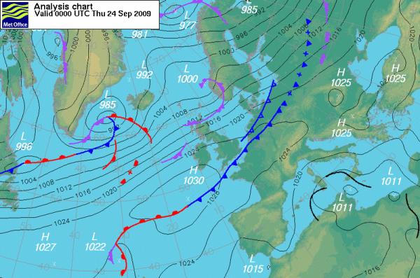 Analyse de surface montrant un flux d'ouest à sud-ouest : dépression au nord, anticyclone au sud, isobares serrées entre les deux