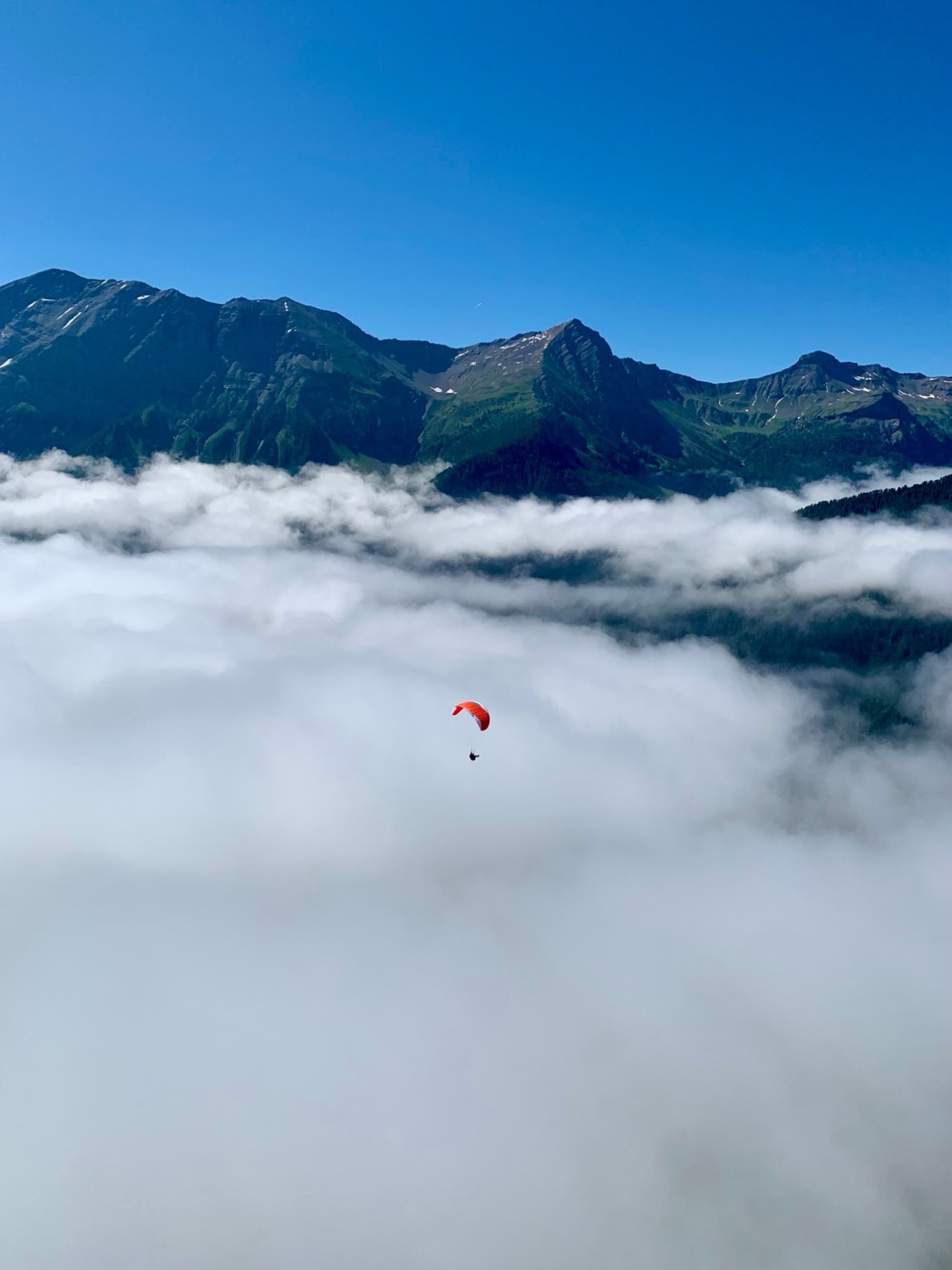 Parapente au-dessus d'une mer de nuages, face aux montagnes